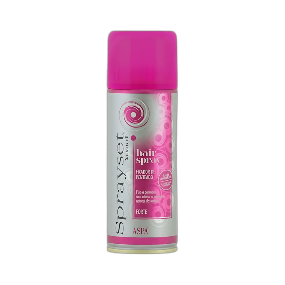 Frasco de spray fixador de cabelo Aspa Sprayset Forte 200ml com tampa rosa e corpo prateado